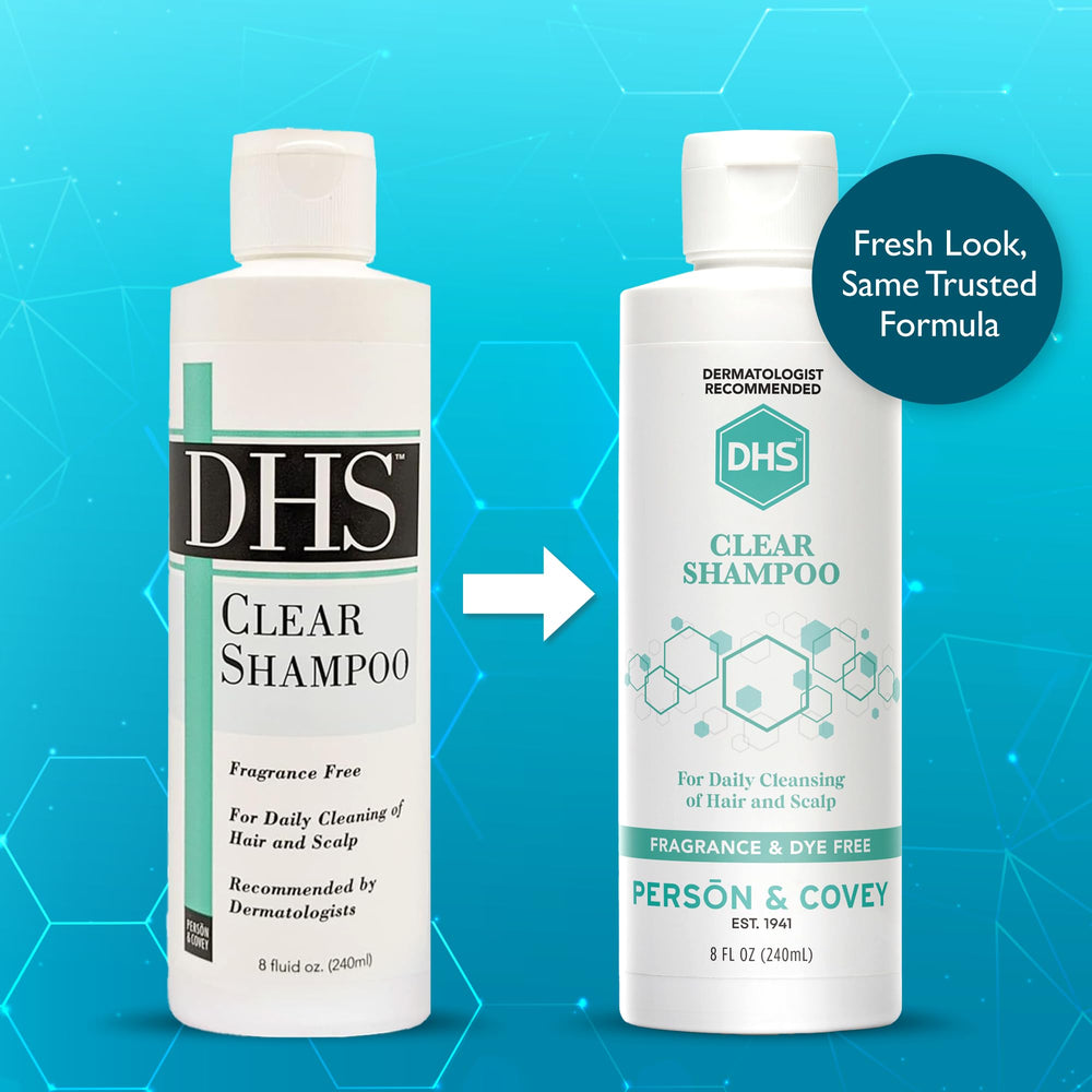 DHS Clear Shampoo pump on bottle ideal for quick, soothing scalp cleansing.