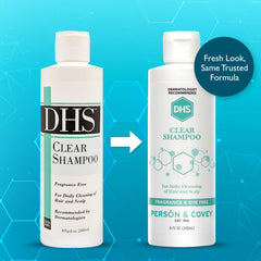 DHS Clear Shampoo pump on bottle ideal for quick, soothing scalp cleansing.
