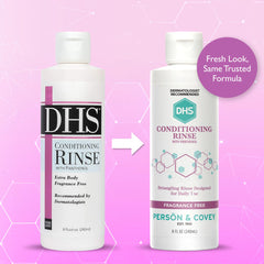Étiquette DHS Conditioning Rinse mettant en évidence panthenol et formulation douce.