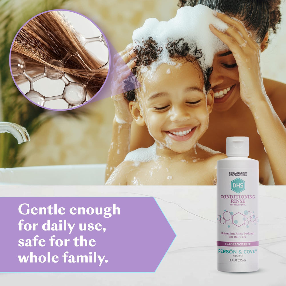 Routine quotidienne avec DHS Conditioning Rinse et shampooing DHS.