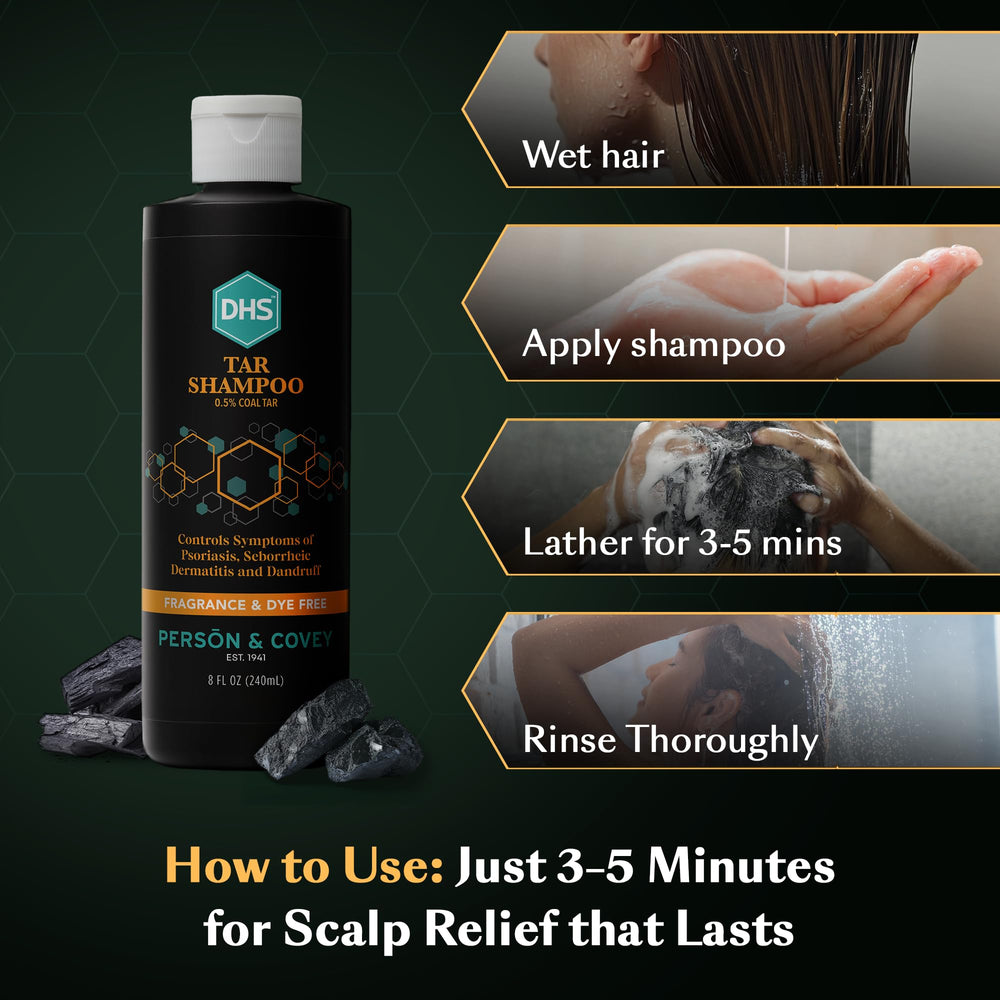 Application du shampoing au goudron DHS sur cheveux mouillés.