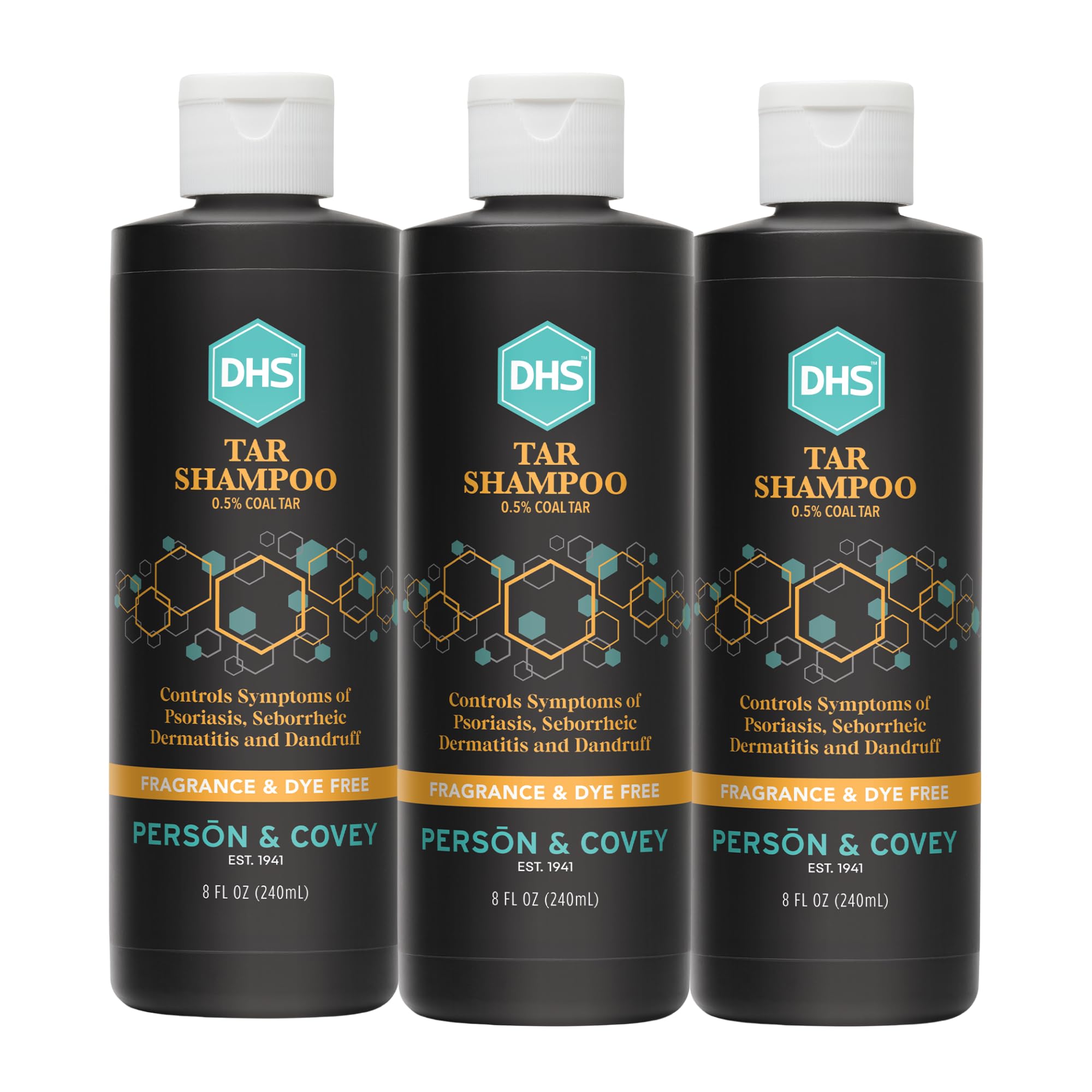 Shampoing DHS au goudron, bouteille visible, choix apaisant pour le cuir chevelu.