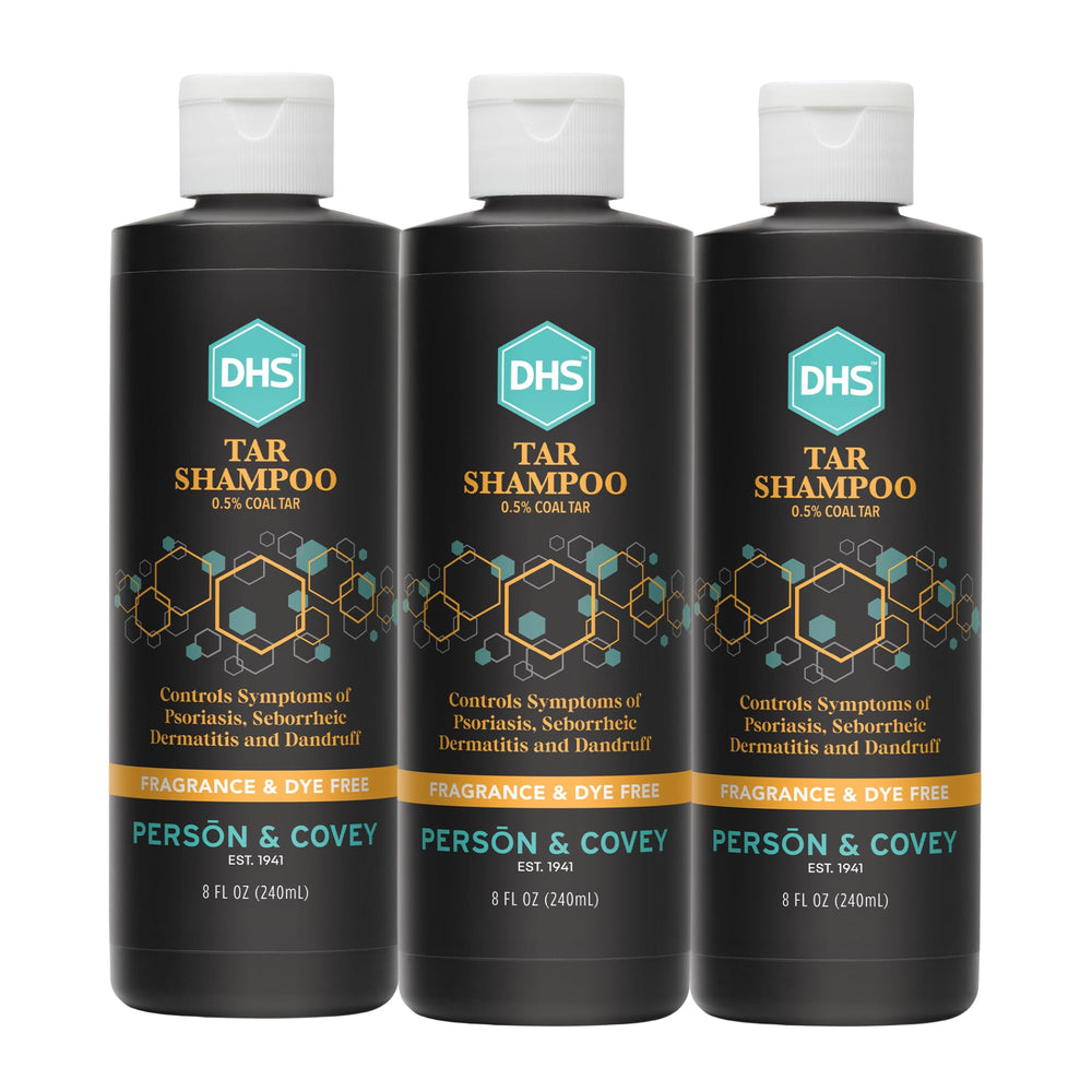 Shampoing DHS au goudron, bouteille visible, choix apaisant pour le cuir chevelu.