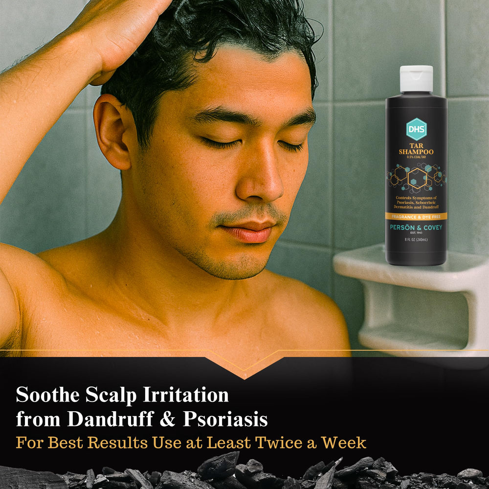 Sans parfum, shampoing goudron DHS adapté aux peaux sensibles.