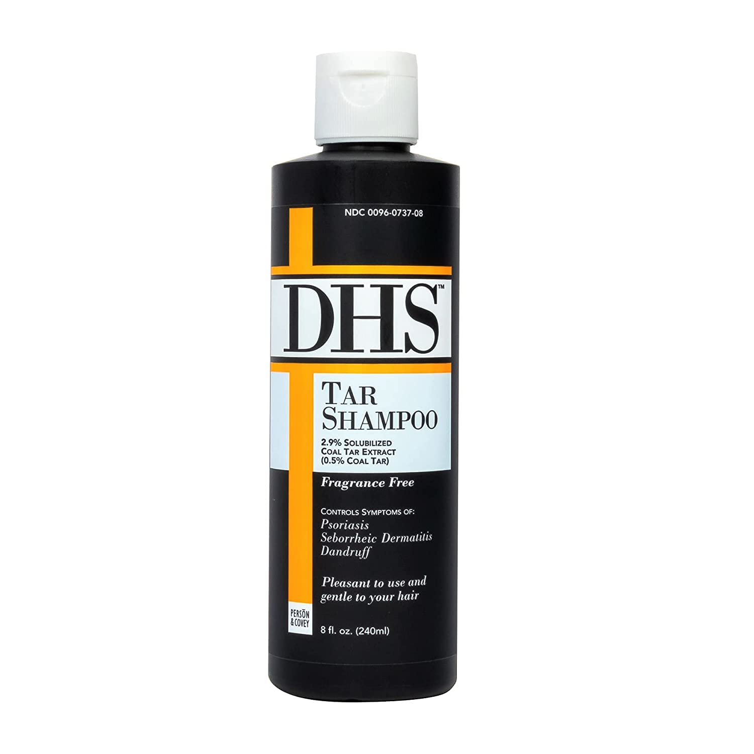 Shampooing DHS au goudron, bouteille ouverte, facile à manipuler.