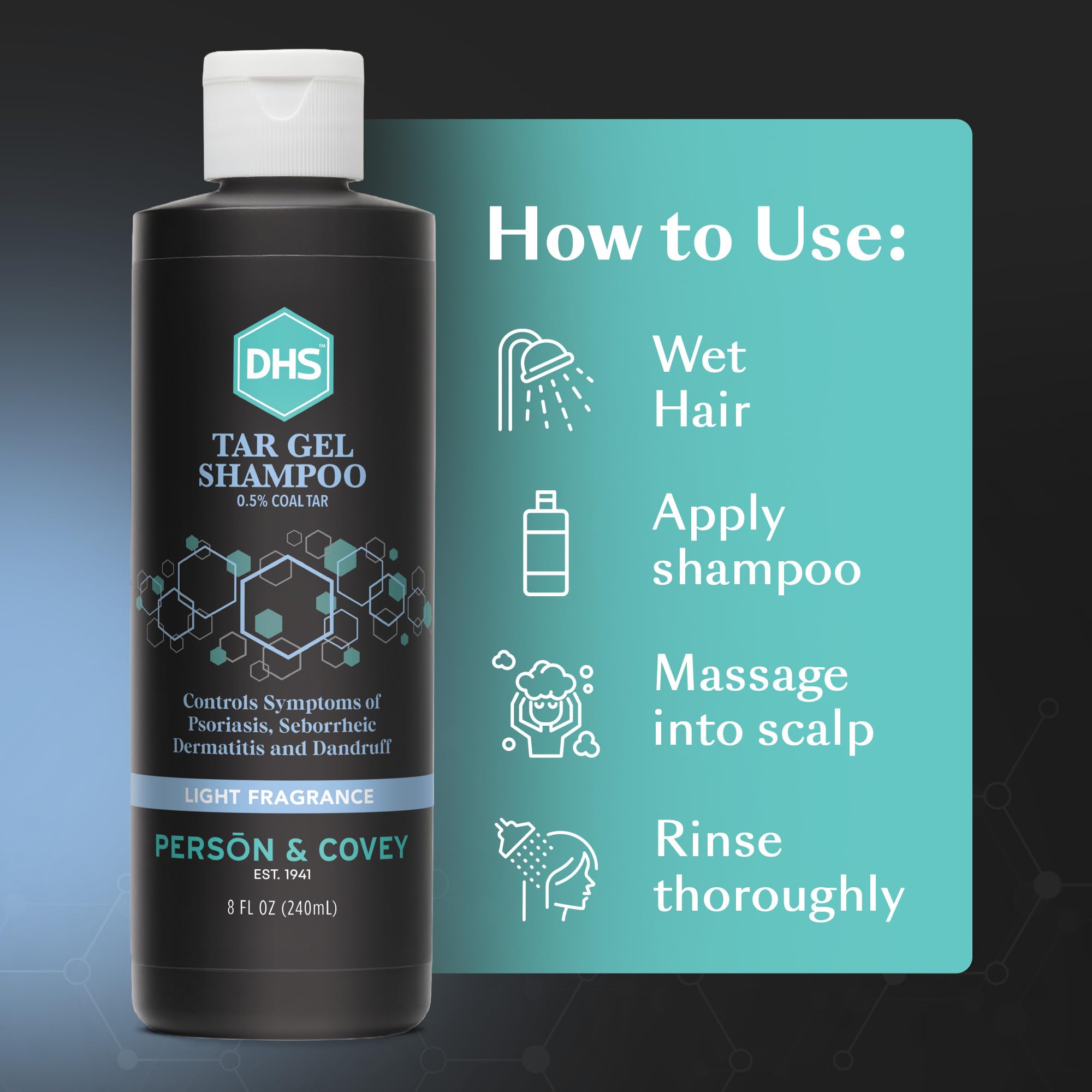 Bouteille DHS T Gel Shampoing sur étagère, mise en scène élégante.
