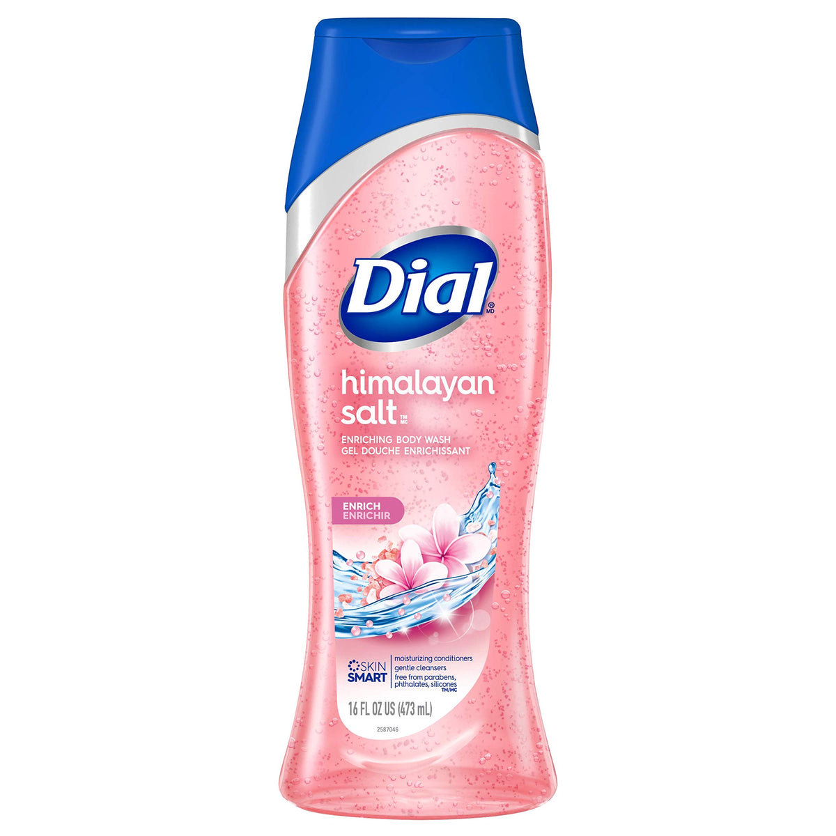 Dial gel-douche corps sel-himalaya nenuphar : flacon visible et exfoliation douce pour peau veloutée
