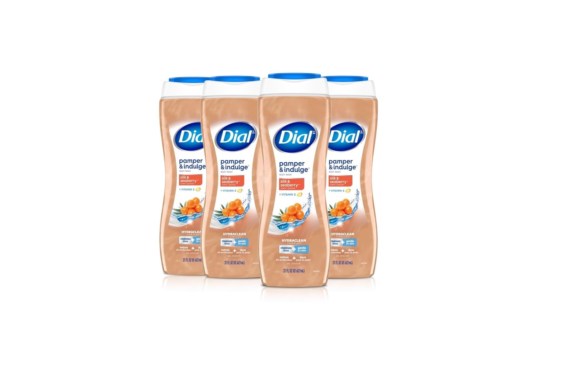 Dial Pamper Indulge Silk Seaberry bouteille pompe, utilisation pratique et fluide.