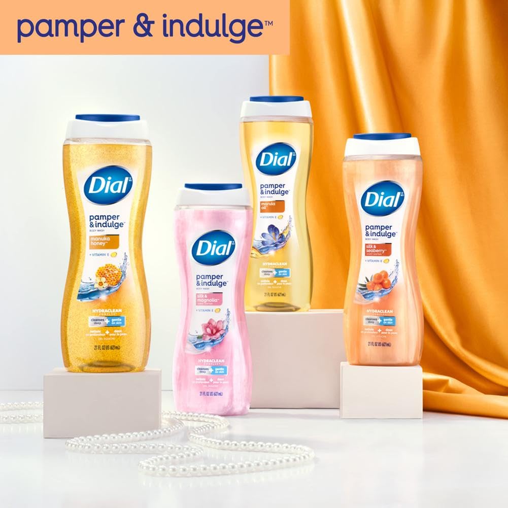 Dial Pamper Indulge Silk Seaberry lot de quatre bouteilles pratique.