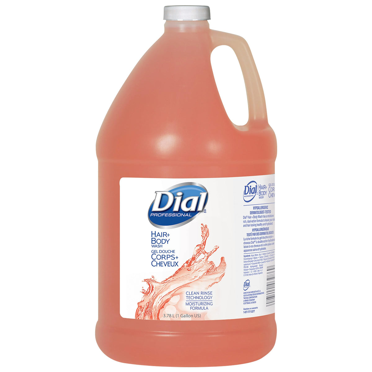 Dial Professional: bouteille de shampooing et gel douche, hydratation durable pour peau et cheveux.