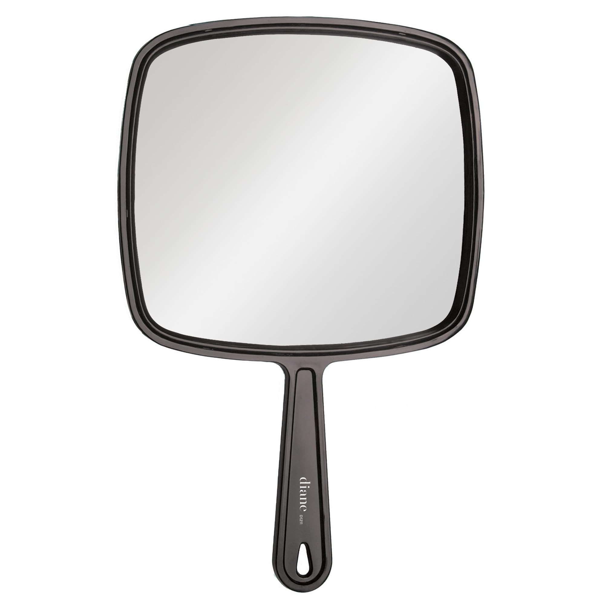 Miroir Diane à main avec manche noir, prise en main confortable pour un maquillage précis.