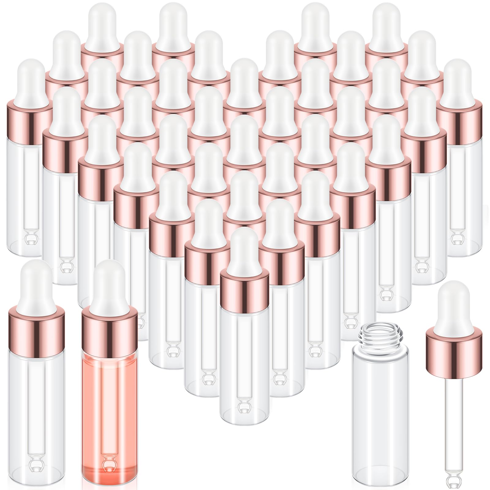 Bouteille goutte mini-verre Didaey avec cap or rose, parfait pour échantillons en voyage.