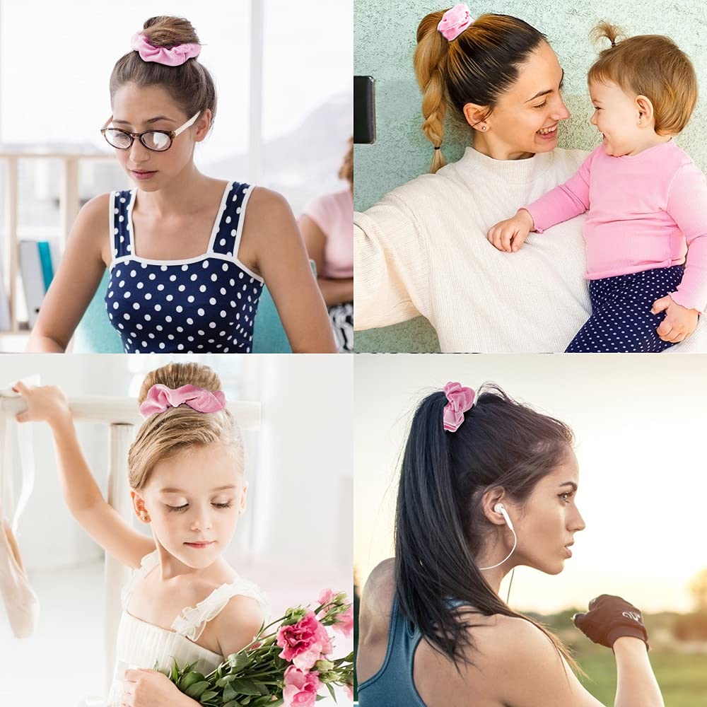 Didder élastiques velours rose, en main, accessoire élégant et pratique pour le quotidien.