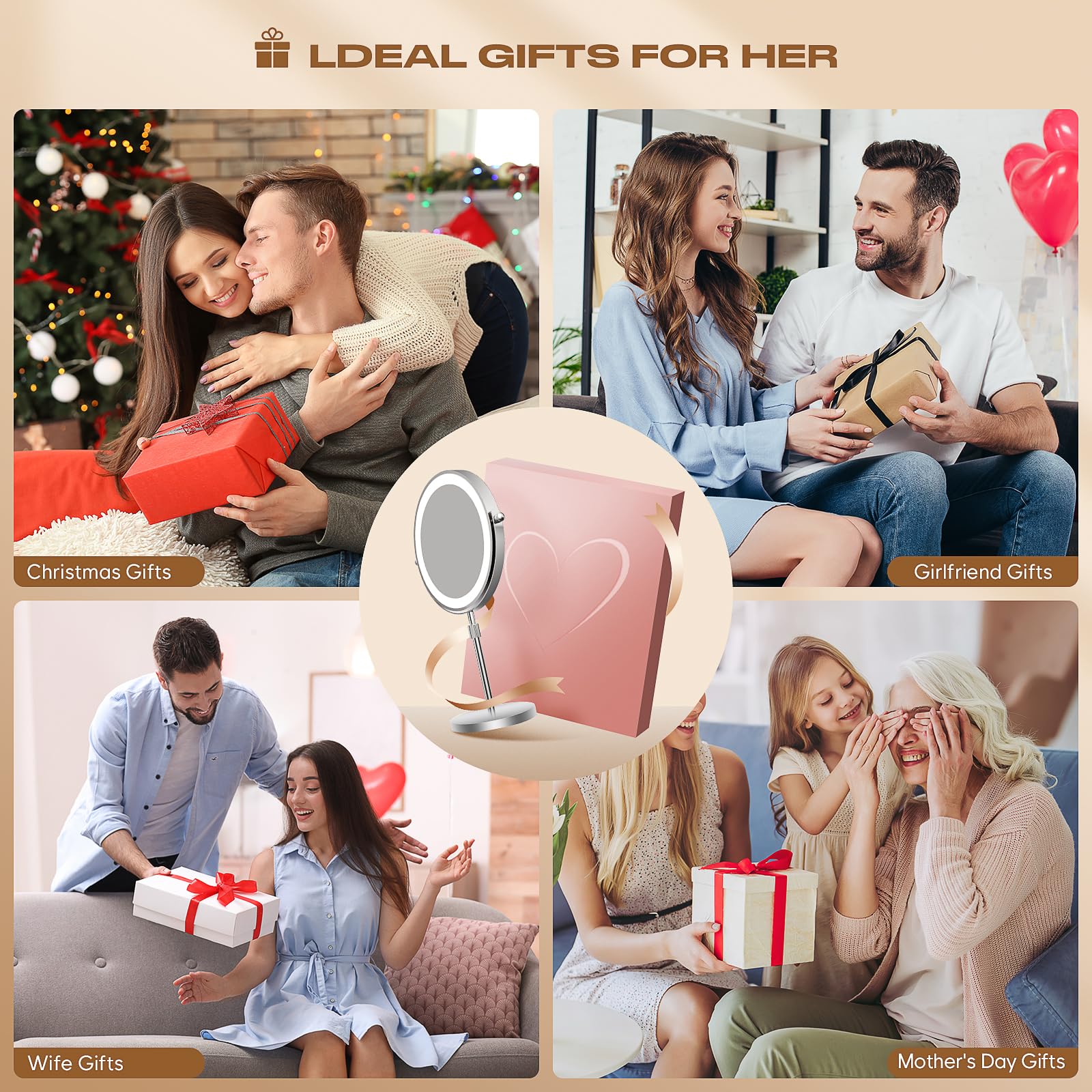 Cadeau élégant pour femmes, miroir lumineux et pratique.