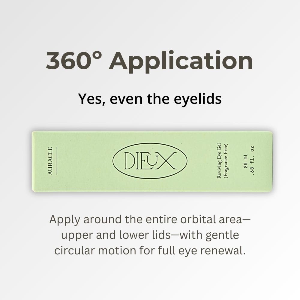 Dieux Auracle Gel Yeux usage quotidien simple, petite noisette et massage.