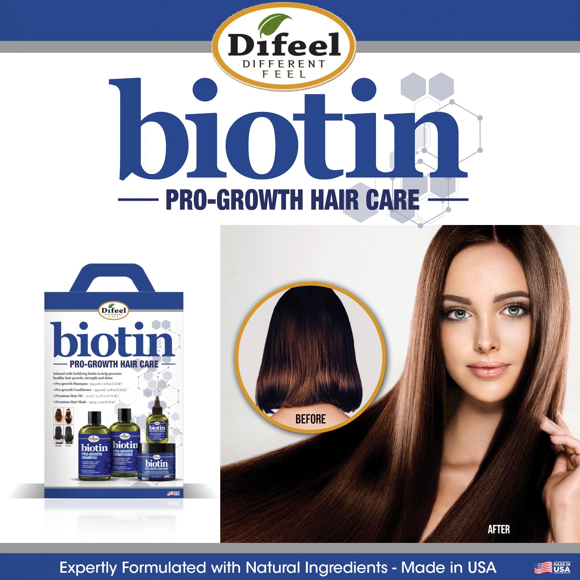 Bénéfice potentiel: hydratation et brillance grâce au produit Difeel Biotin Pro-Growth
