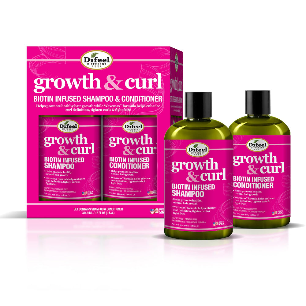 Difeel Biotin Shampoo, bouteille pompe, application facile pour cheveux bouclés.