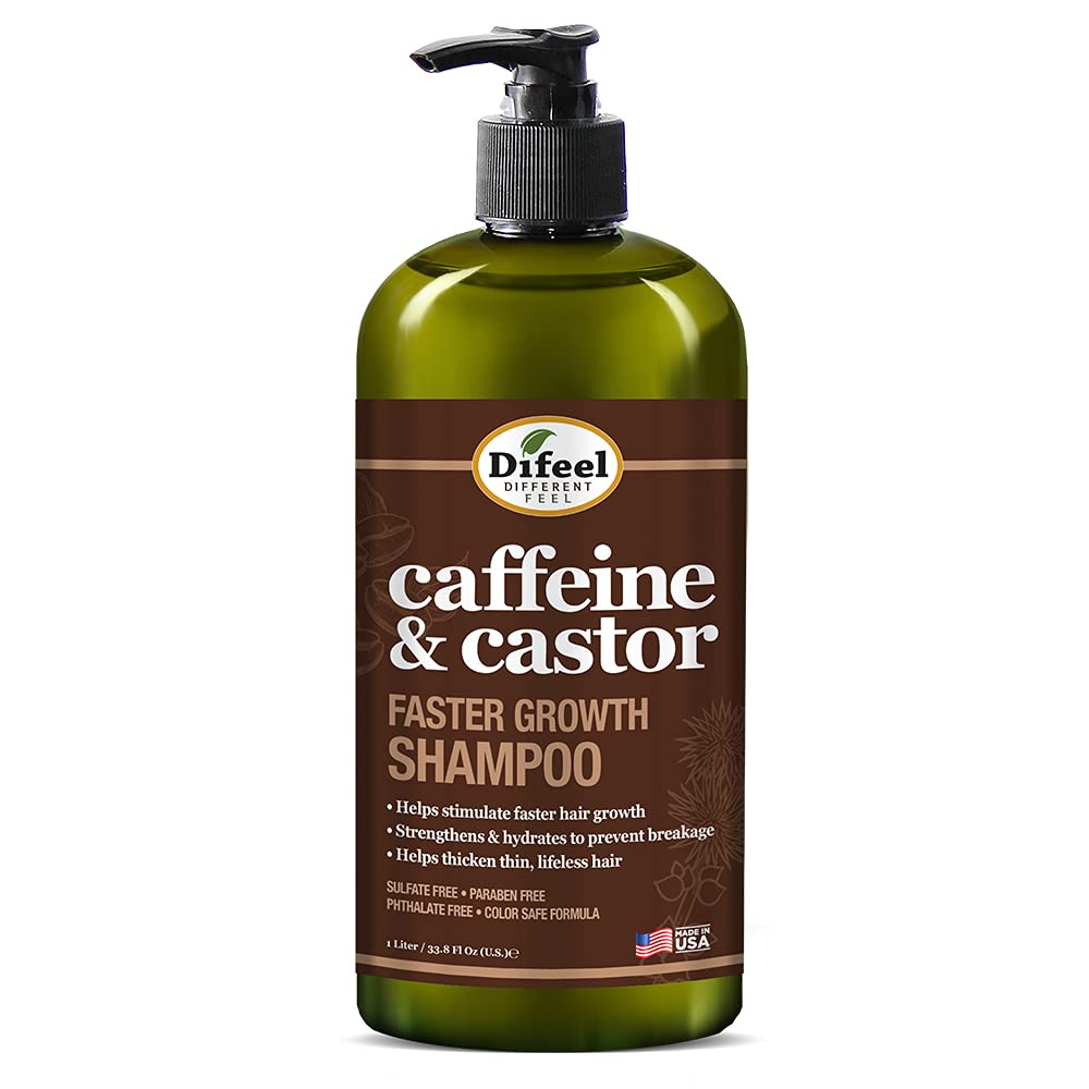 Difeel Caféine et Ricin – bouteille pompe pour stimulation potentielle de la croissance capillaire.
