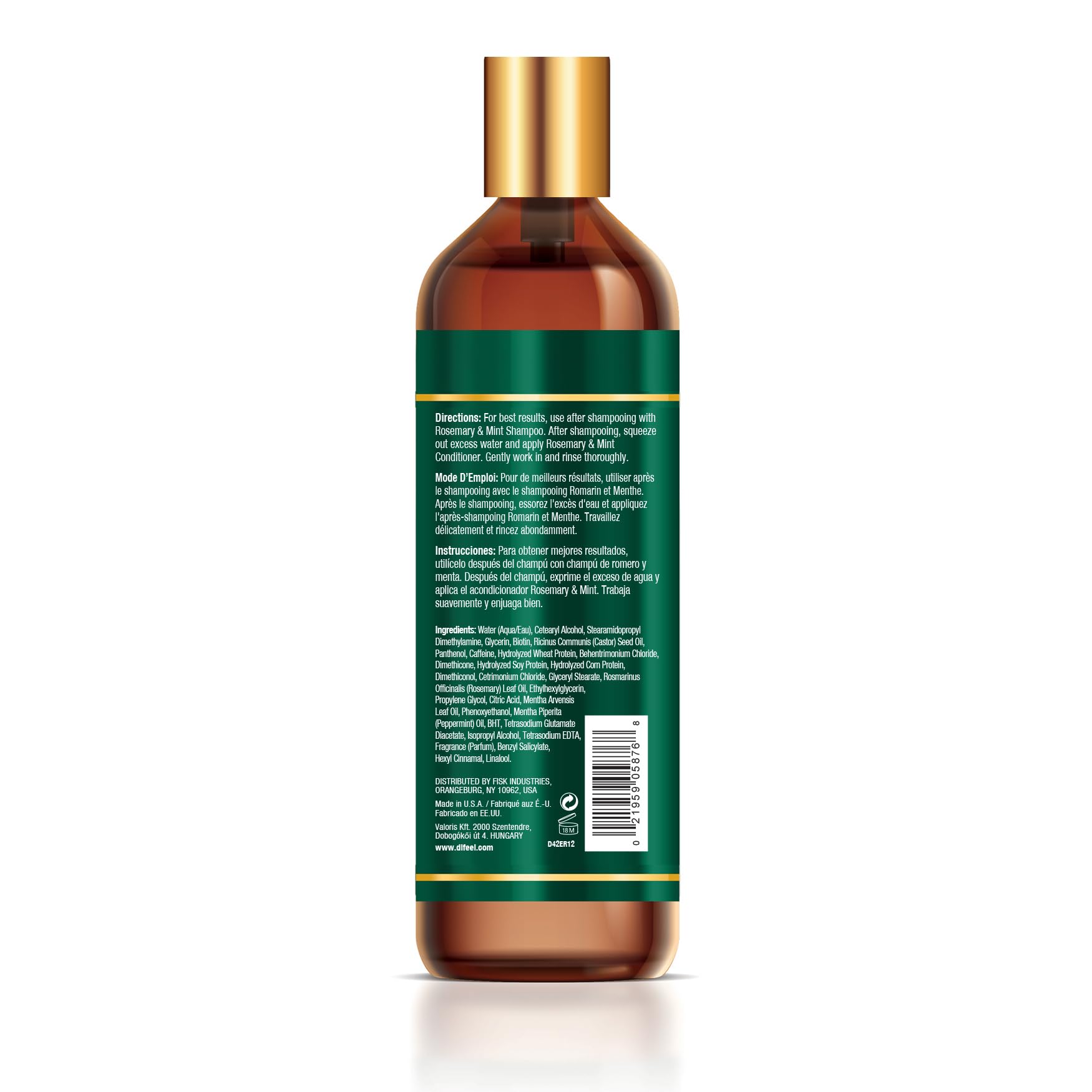 Étiquette du Difeel conditionneur romarin et menthe – indication biotine pour fortifier.
