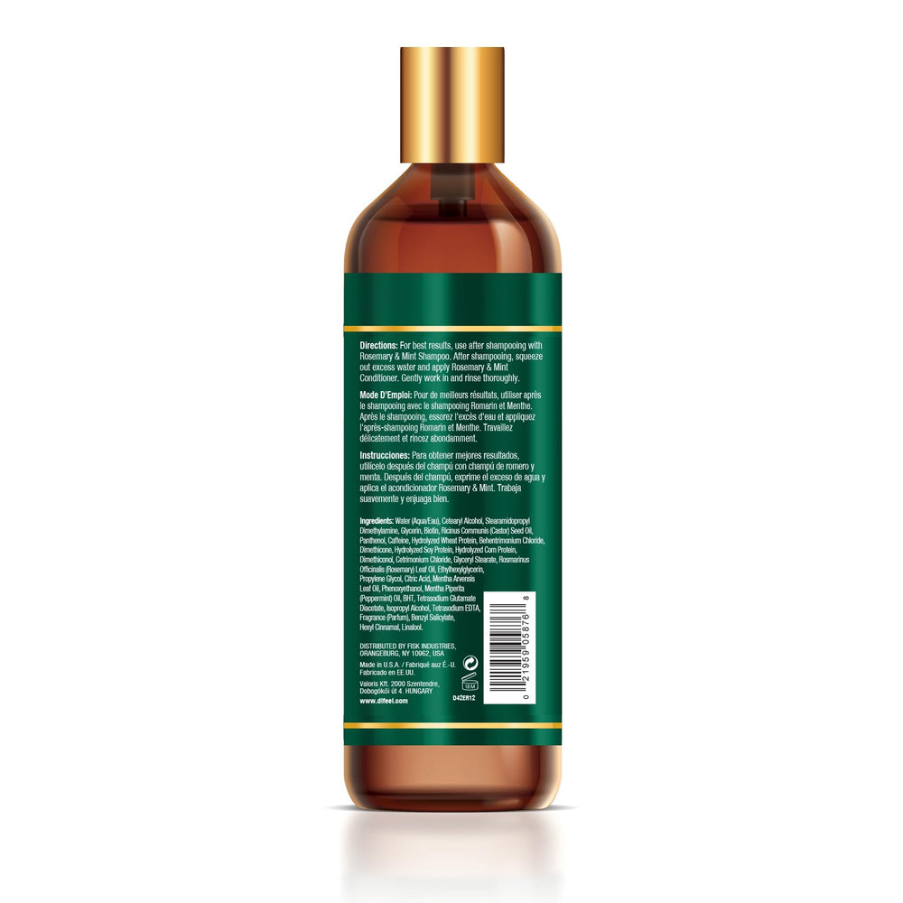 Étiquette du Difeel conditionneur romarin et menthe – indication biotine pour fortifier.