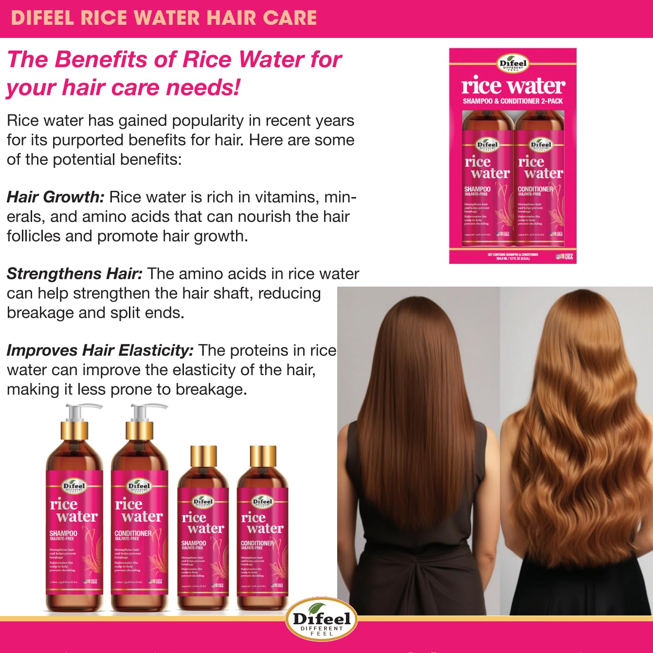 Difeel Eau de Riz – action anti-frizz pour cheveux lisses.