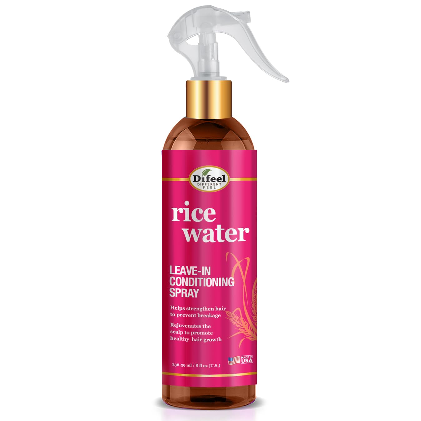 Difeel Eau de Riz – flacon vaporisateur pour hydratation légère des cheveux.