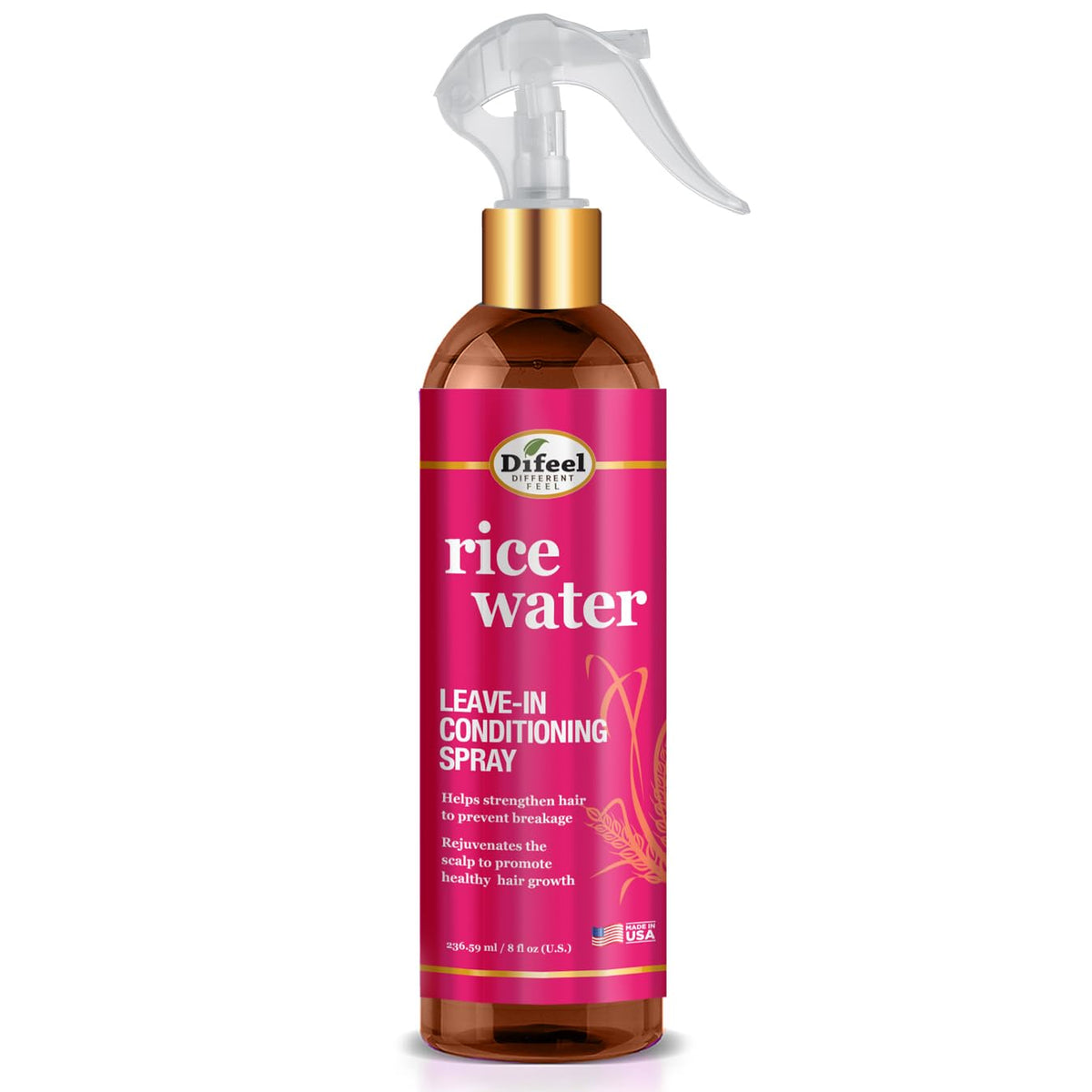 Difeel Eau de Riz – flacon vaporisateur pour hydratation légère des cheveux.