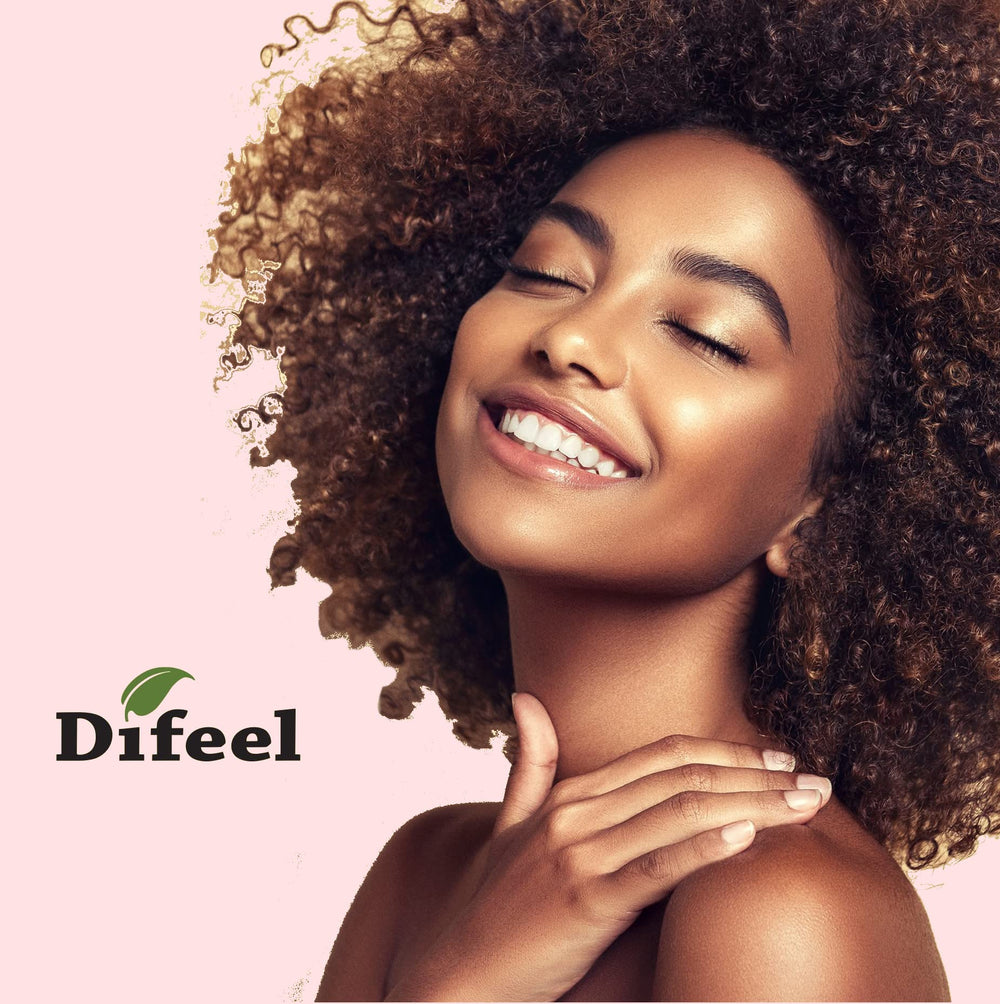 Étiquette produit Difeel Biotin, sans parabènes et sans sulfates, aperçu des bénéfices.