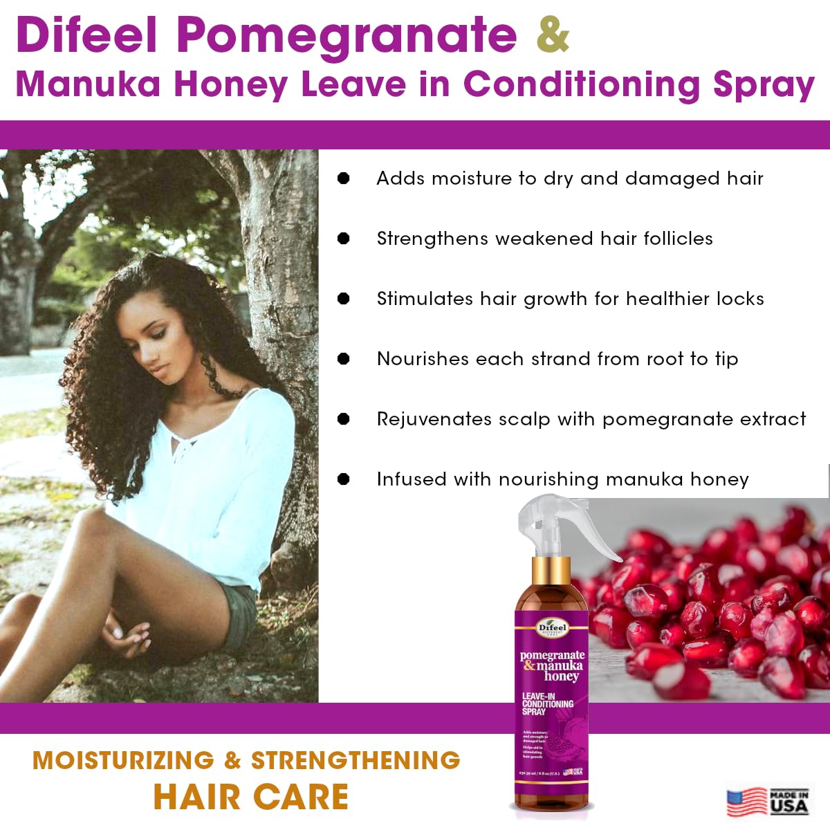Difeel grenade et miel de Manuka – renforcement des mèches et réduction des cassures.