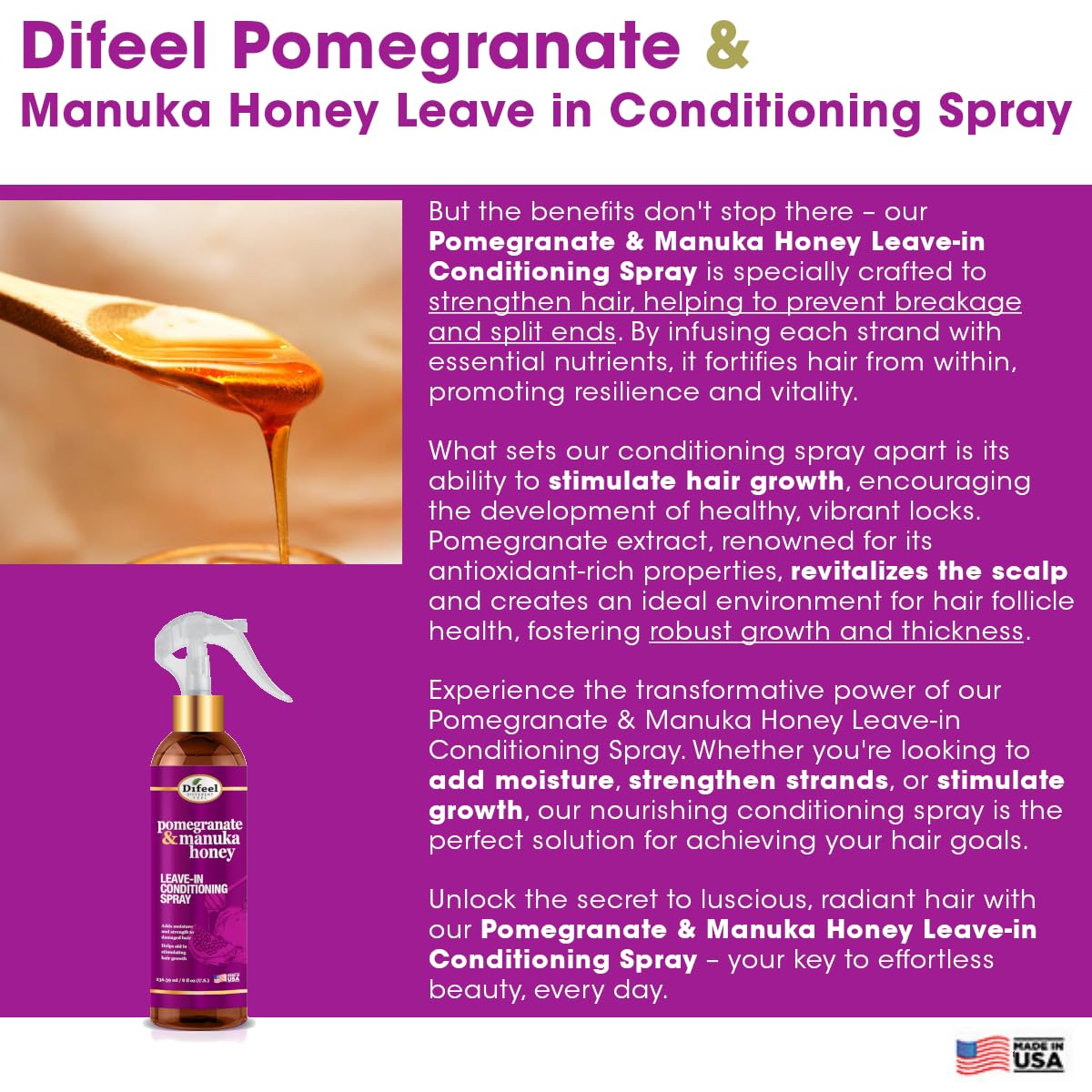 Difeel grenade et miel de Manuka – texture légère qui n’alourdit pas les cheveux.