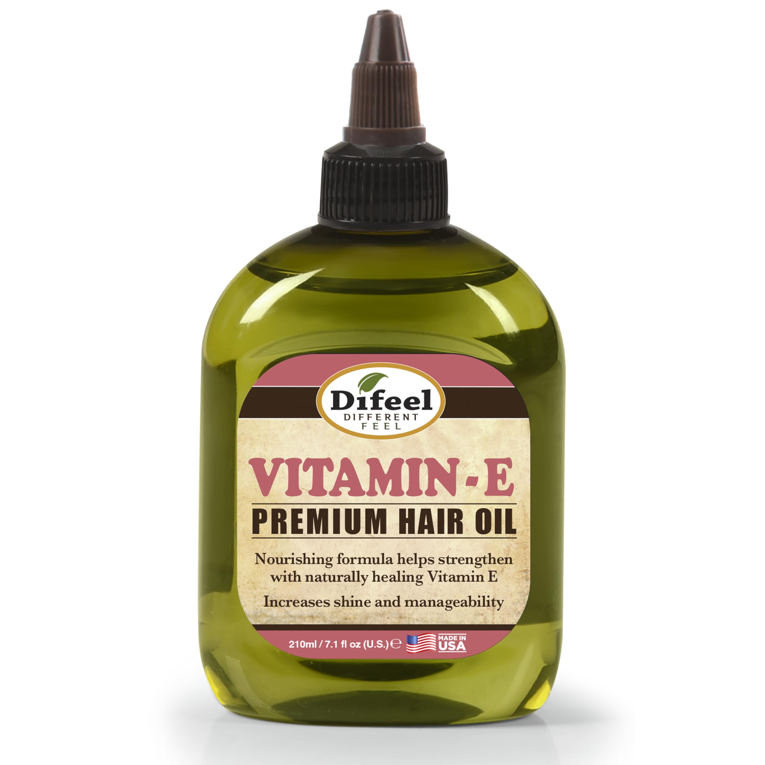 Huile Difeel Vitamin E, bouteille 210 ml, nourrit les cheveux en profondeur.