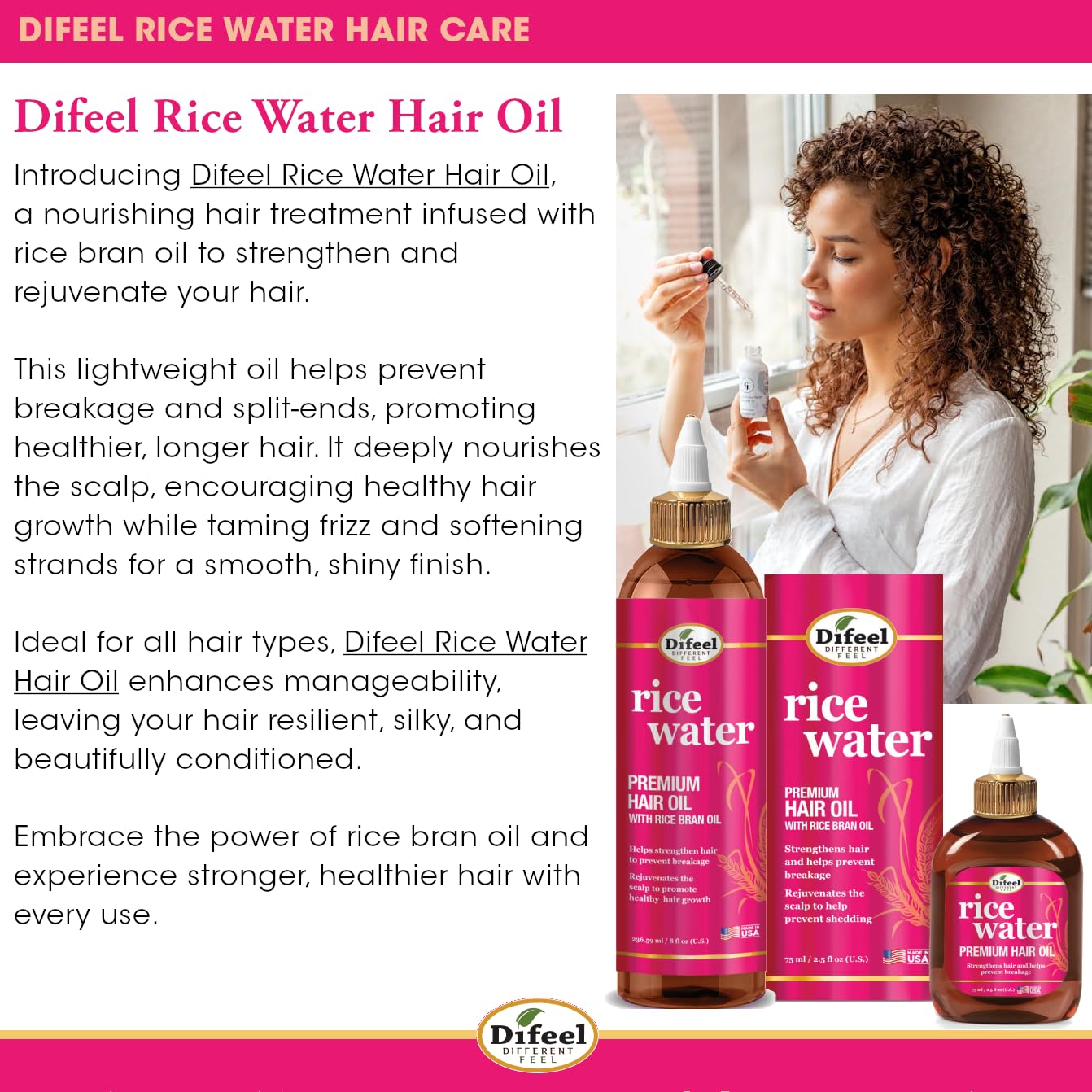 Difeel huile riz eau — absorption rapide sans alourdir les cheveux.