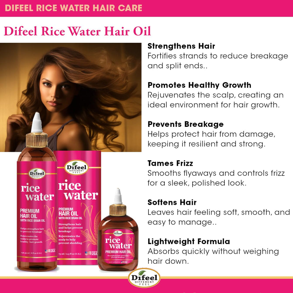 Difeel huile riz eau — cheveux brillants et doux après utilisation.