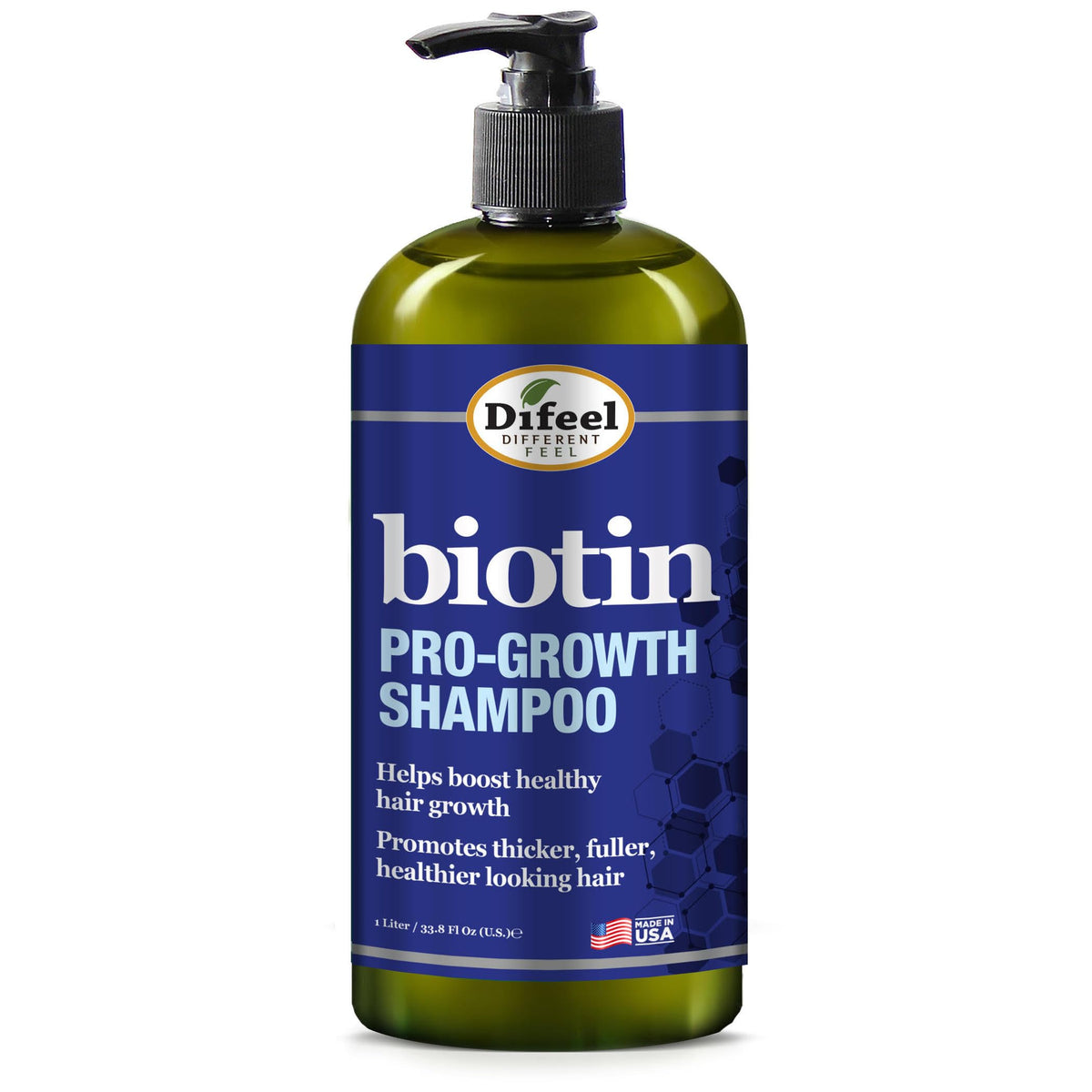 Difeel Pro-Croissance Biotine Shampoo bouteille: fortifie les cheveux et donne du volume.
