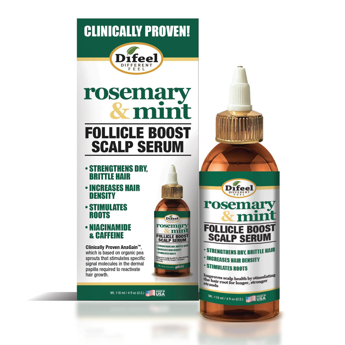 Sérum Difeel Romarin Menthe, bouteille prête à revitaliser le cuir chevelu et les cheveux.