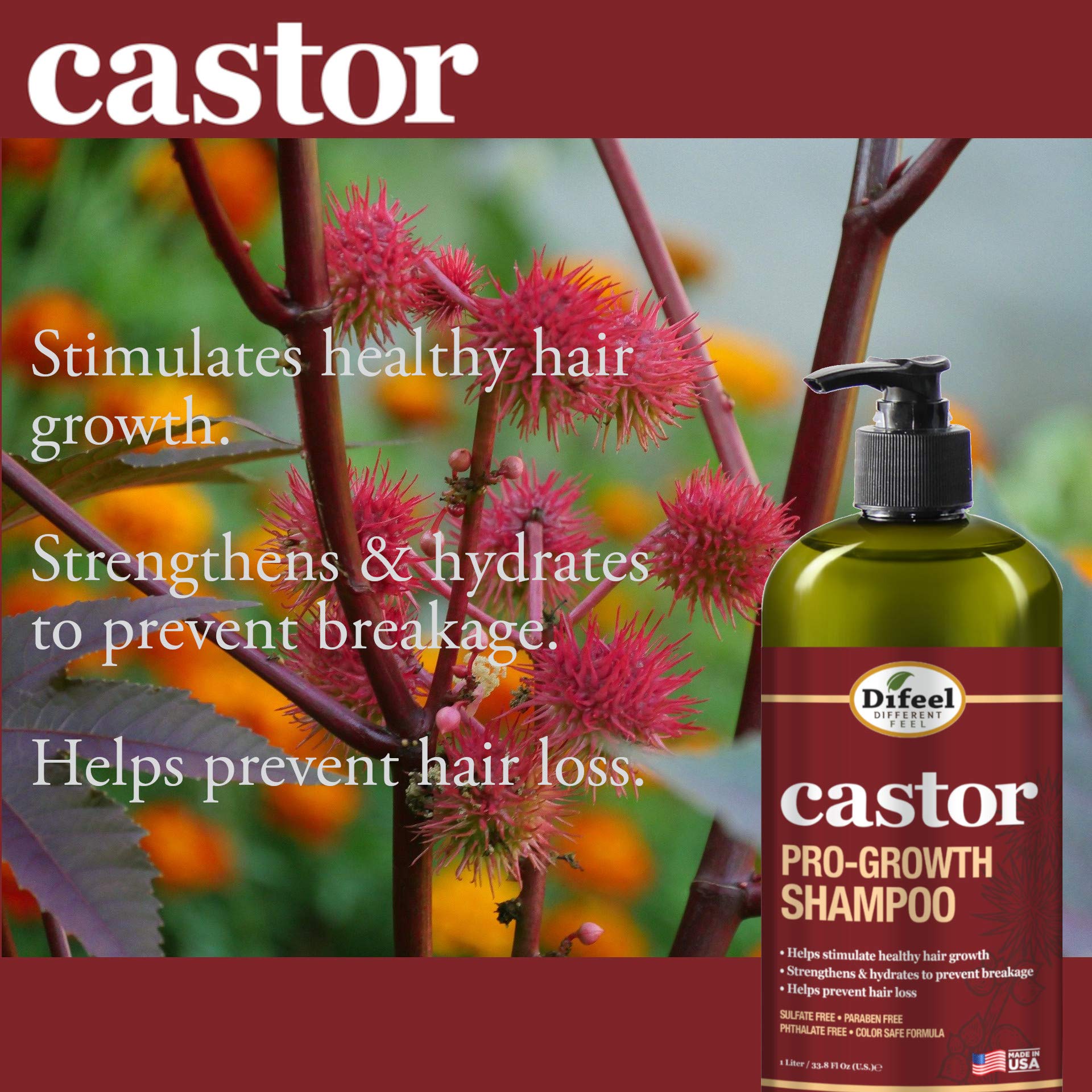 Difeel Shampoing Castor Pro-Growth, etiquette d'emballage et informations produit utiles
