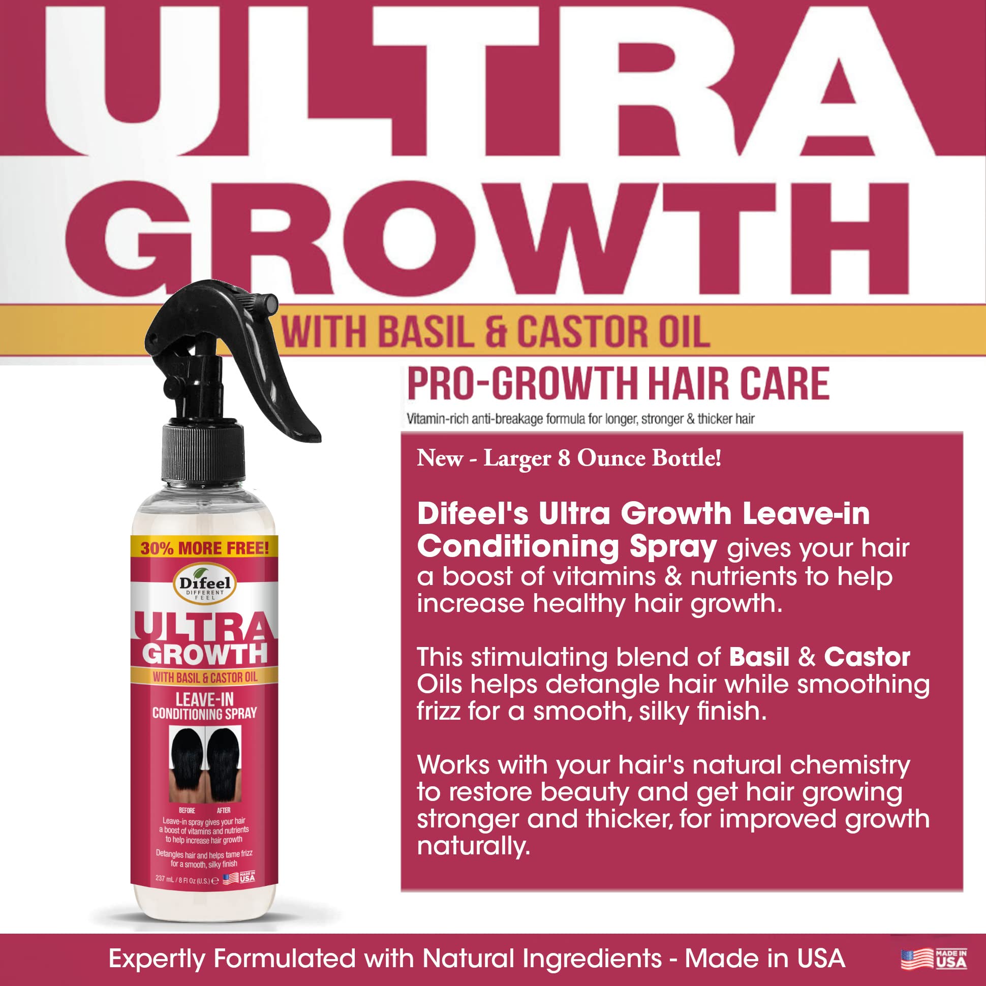 Spray leave-in Difeel Ultra Growth – application rapide sur cheveux.