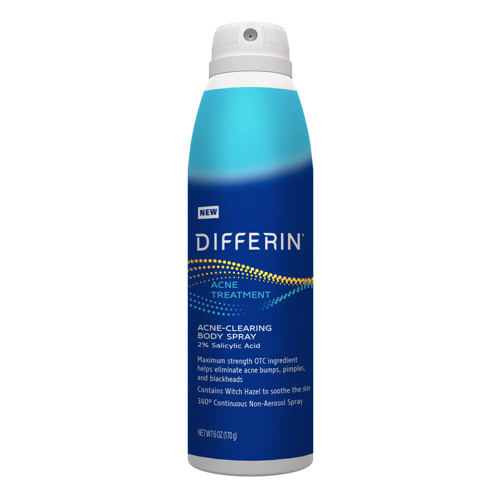 Differin Spray Corps montre le spray 360° facilitant l’application sur le dos et les épaules.