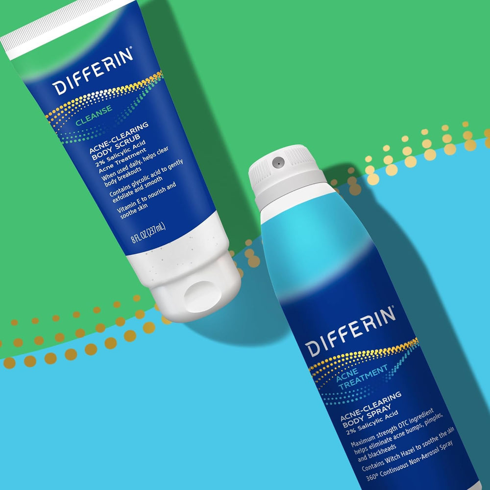 Differin Spray Corps montre une utilisation en déplacement grâce au séchage rapide.