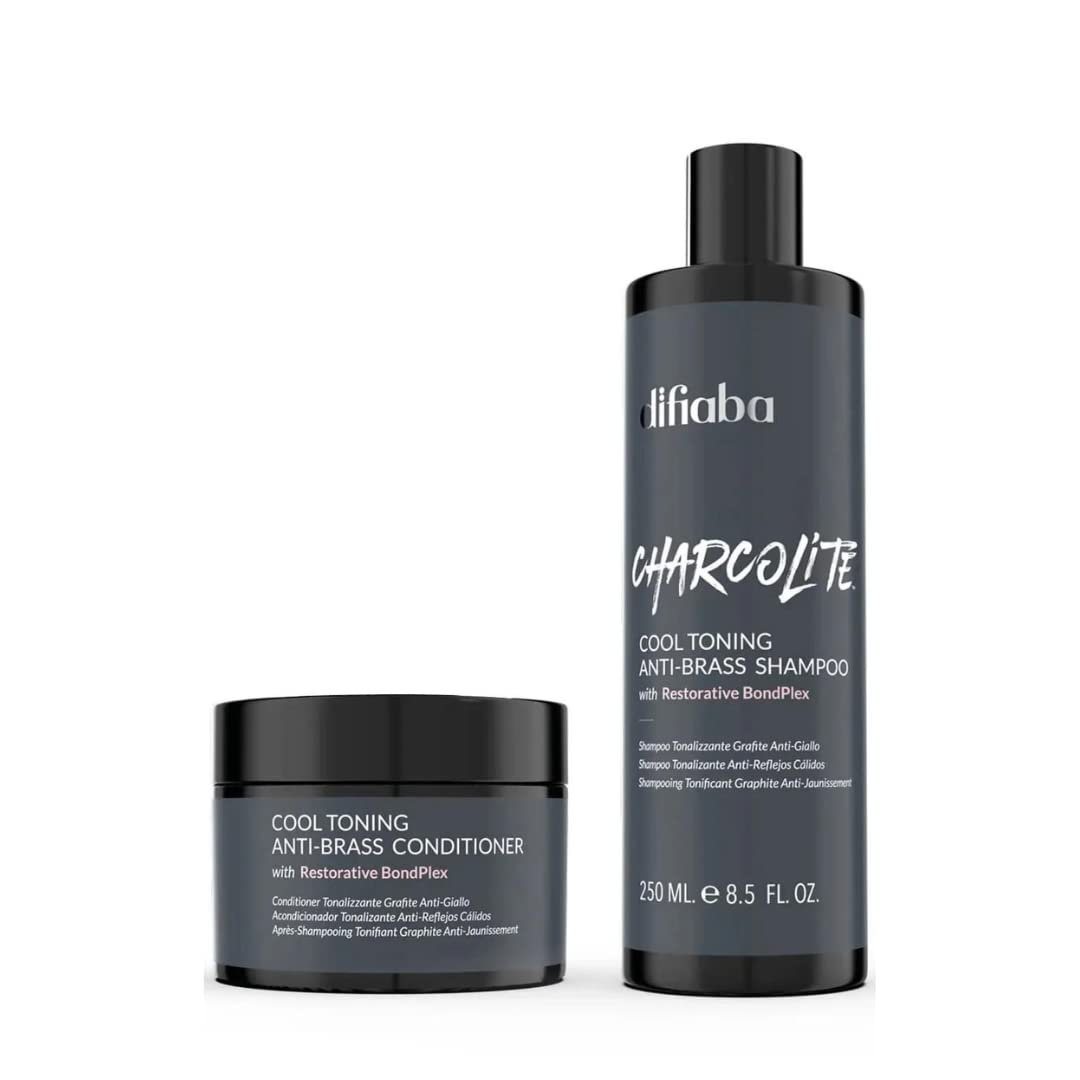 Charcolite shampoo de Difiaba, bouteille tonifiante froide neutralisant les reflets chauds.