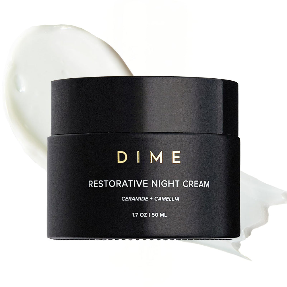 Crème nuit restauratrice DIME en flacon-pompe, hydratation durable et réparation nocturne.