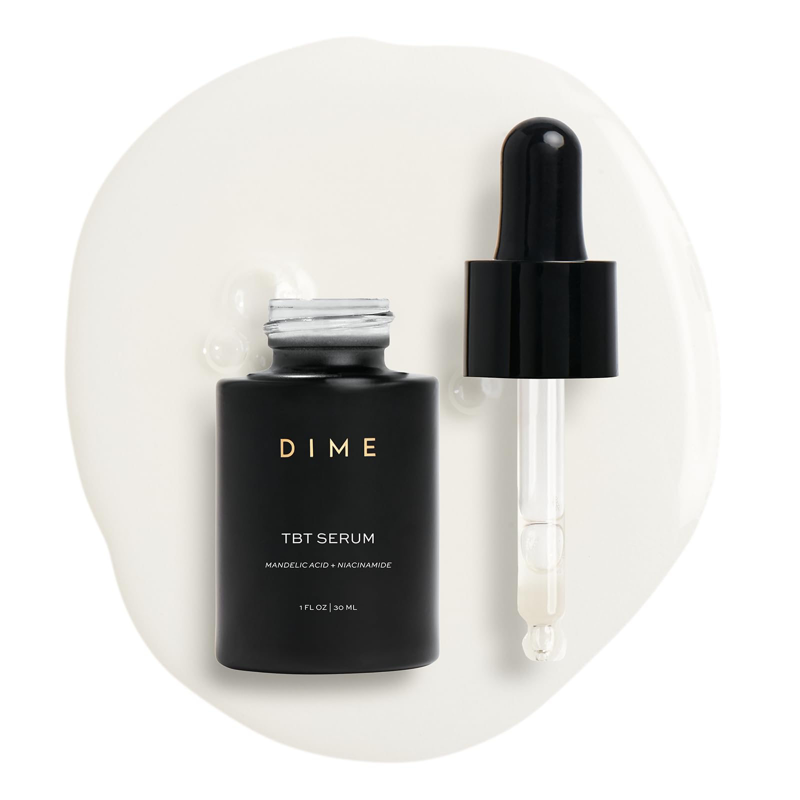 Sérum TBT de DIME Beauty, flacon élégant évoquant un emballage durable et sans cruauté.