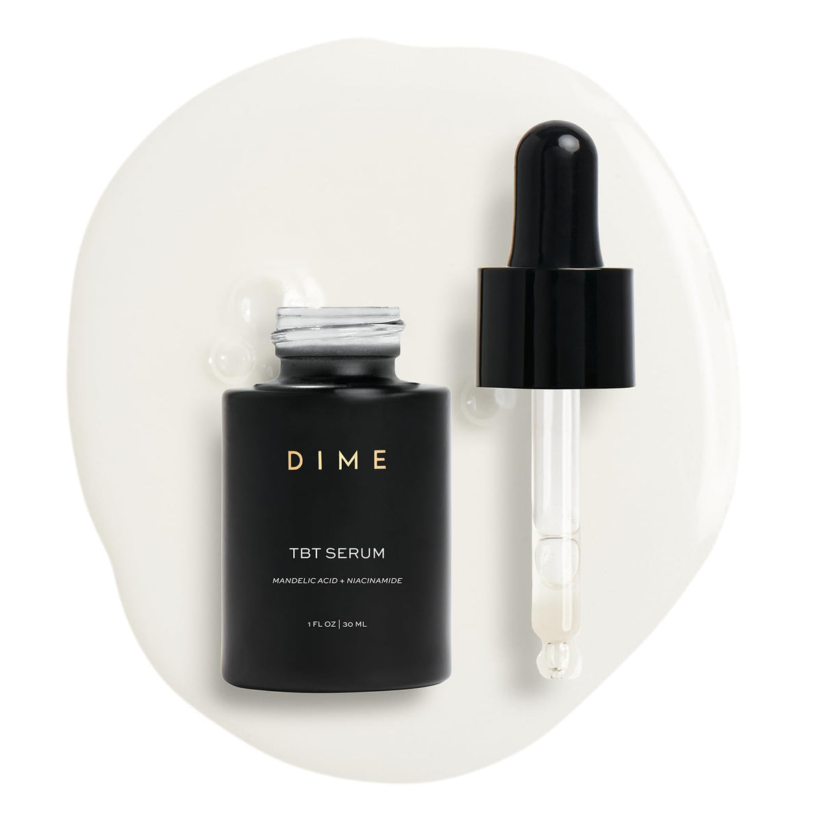 Sérum TBT de DIME Beauty, flacon élégant évoquant un emballage durable et sans cruauté.
