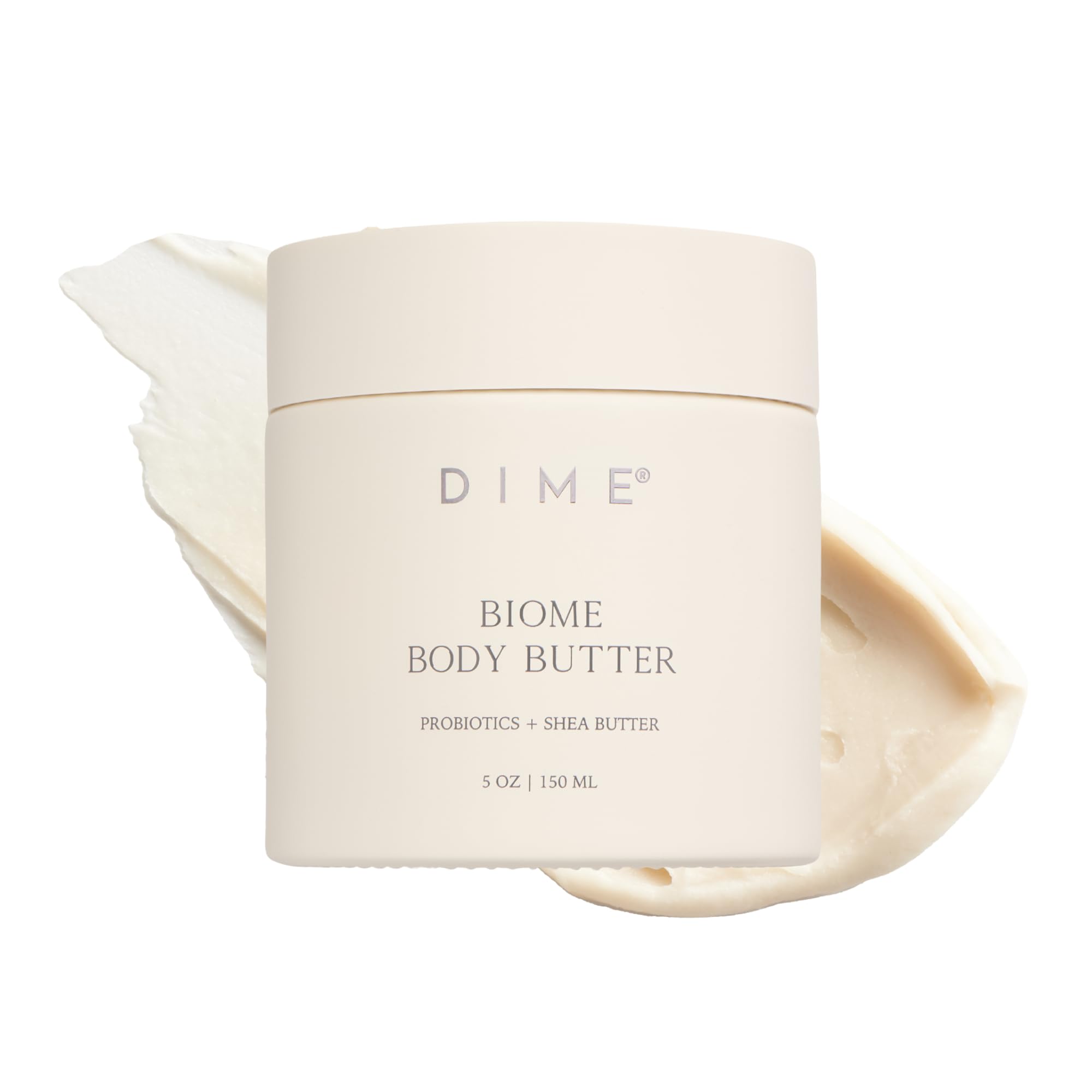 DIME Beauty Biome Body Butter sur la bouteille: application fluide pour une peau hydratée