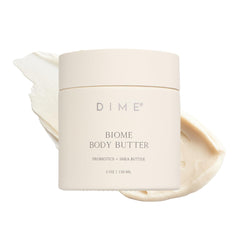 DIME Beauty Biome Body Butter sur la bouteille: application fluide pour une peau hydratée