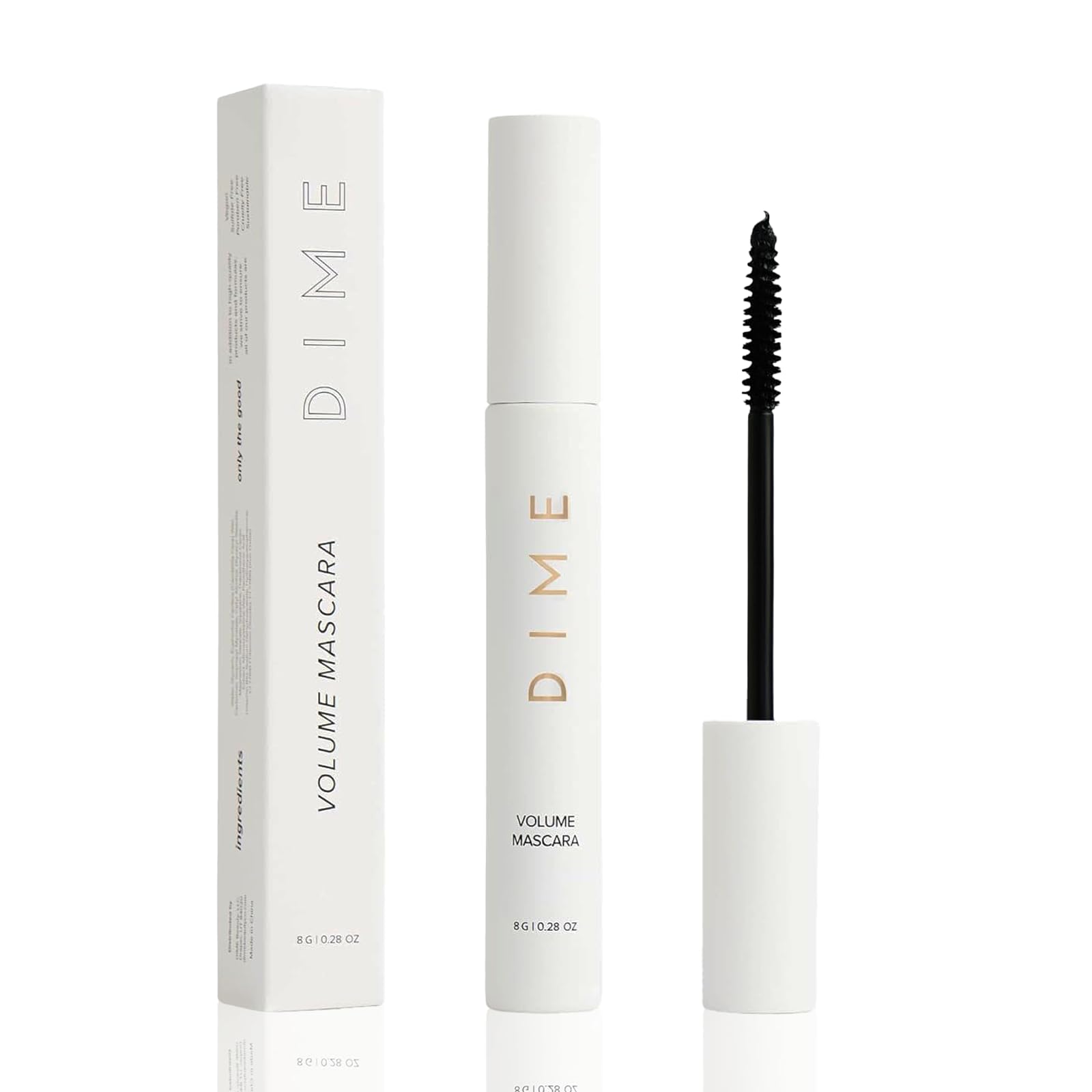 DIME Beauty Volume Mascara montre un avant/après avec plus de volume.