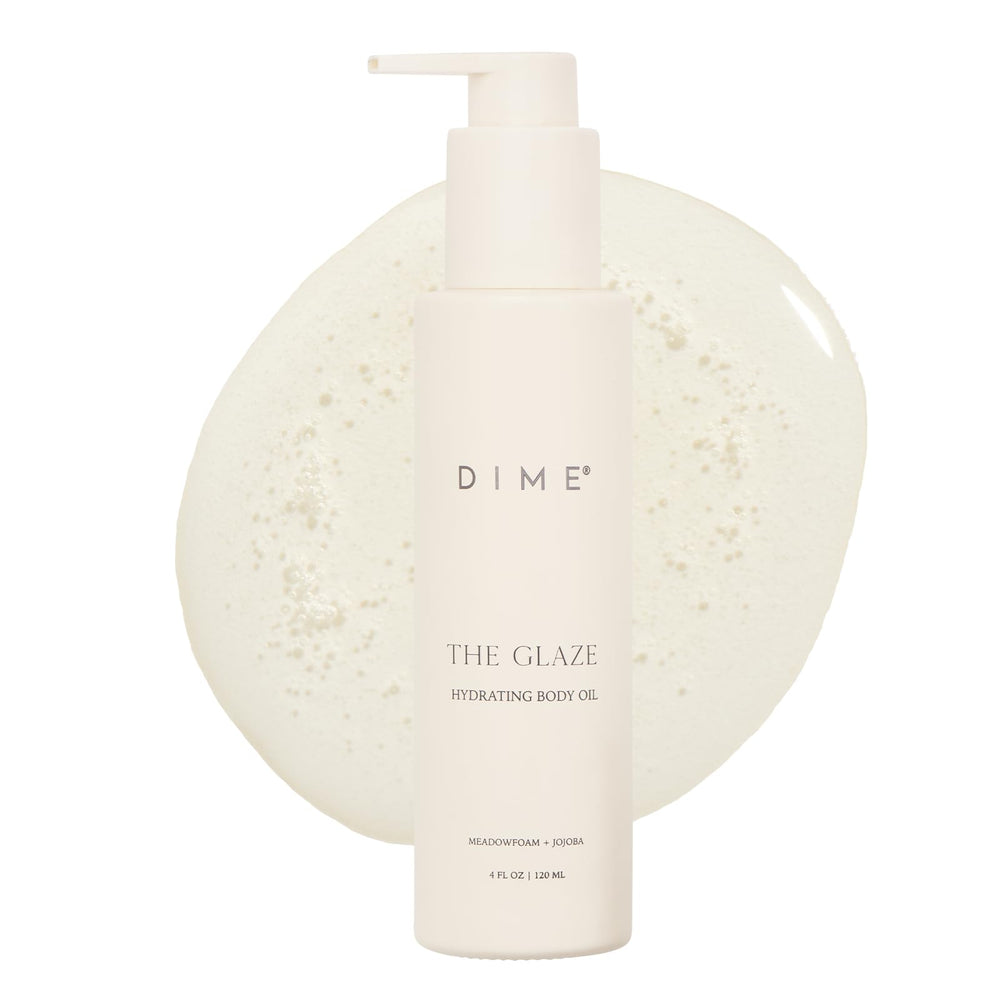 Huile corporelle DIME Glaze, hydratation rapide pour peau lumineuse.