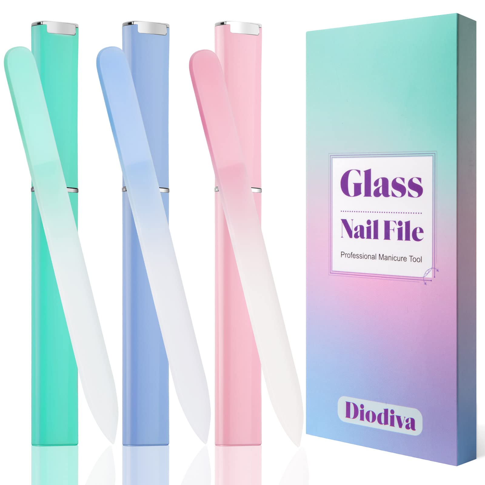 Diodiva lime à ongles en verre avec étui vert, pratique pour le soin quotidien des ongles naturels.