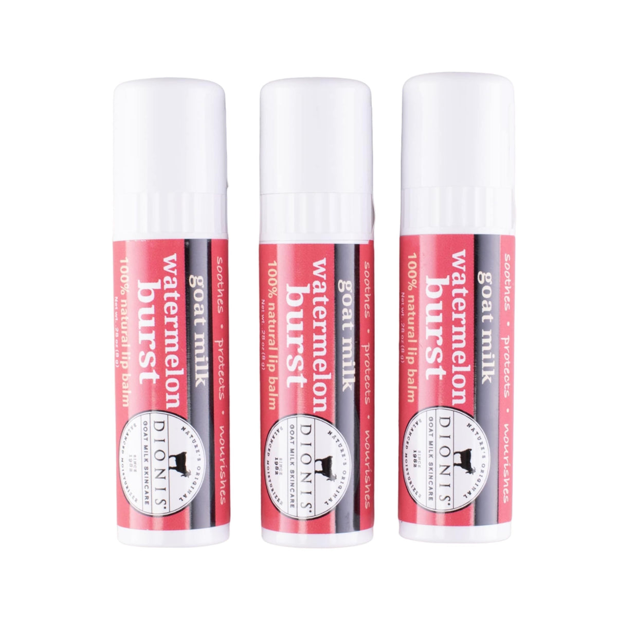 Baume lèvres Dionis lait chèvre melon, ensemble 3 pièces, hydratation douce.