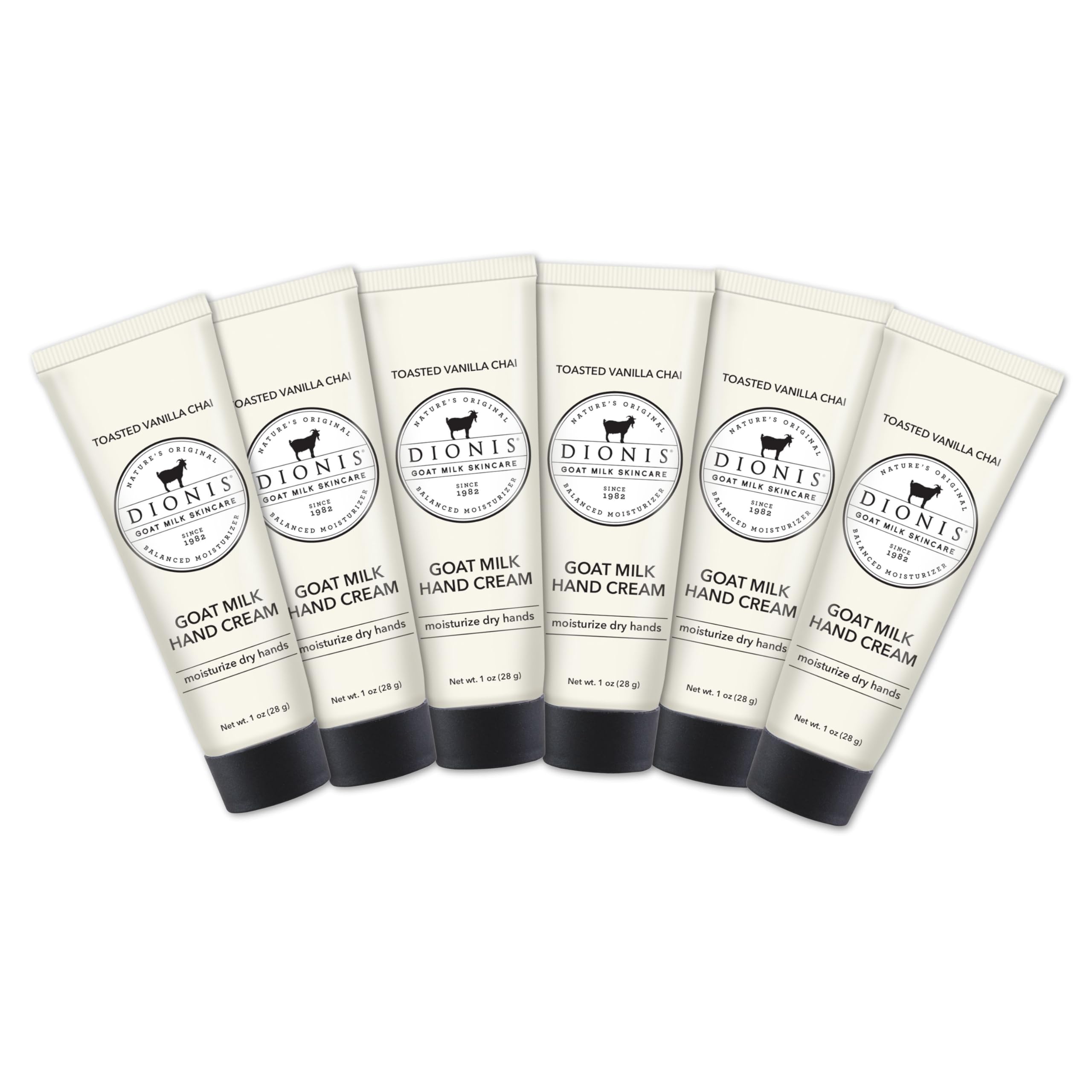 Dionis Crème mains lait chèvre Vanille Chaï, flacon élégant pour hydratation quotidienne.